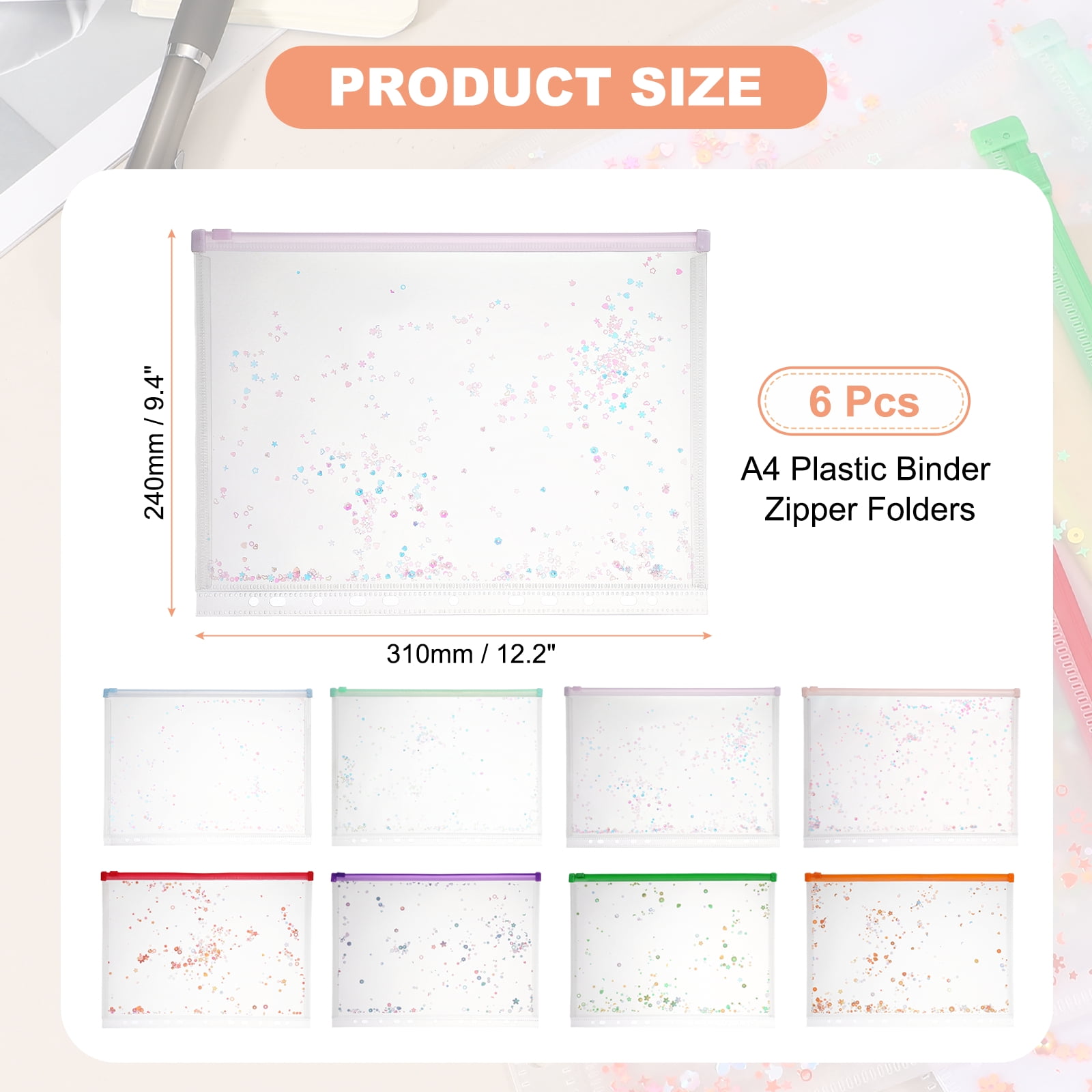 Uxcell 6Pcs A4 Plastic Binder Zipper, Binder Pockets 12 x 9" Clear Envelope Folders Planner Waterproof Pouch Filing with Sequin Decor for Document Notebook Card Organizer, Light Purple