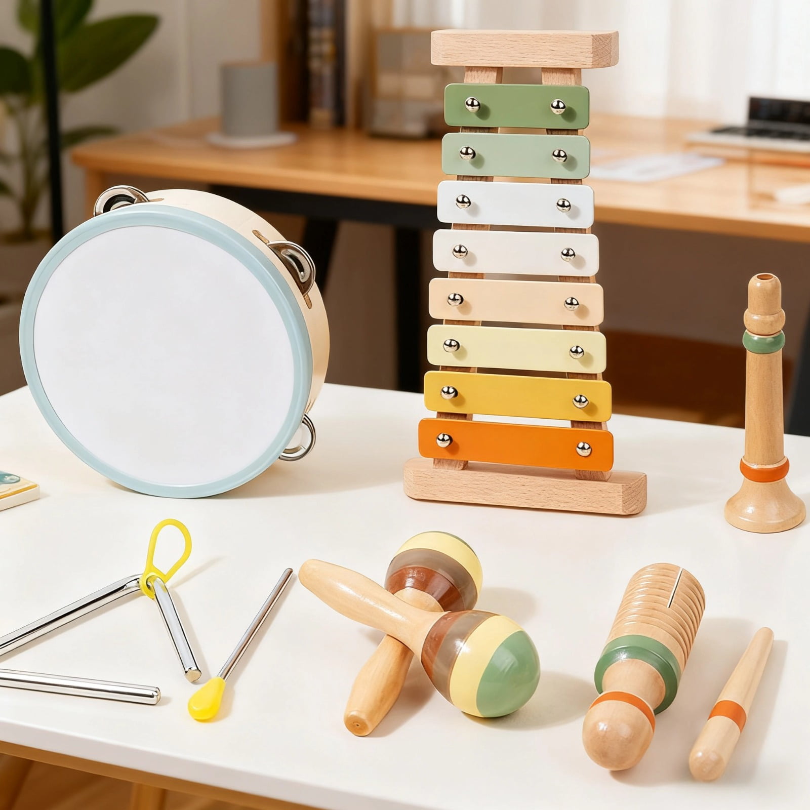 6 Pcs Wooden Percussion Instruments Set, Musical Instruments for little ones 1-3, Xylophone, Guiro, Sand Hammer, Horn, Tambourine, Triangle Iron, Orff Music Toys