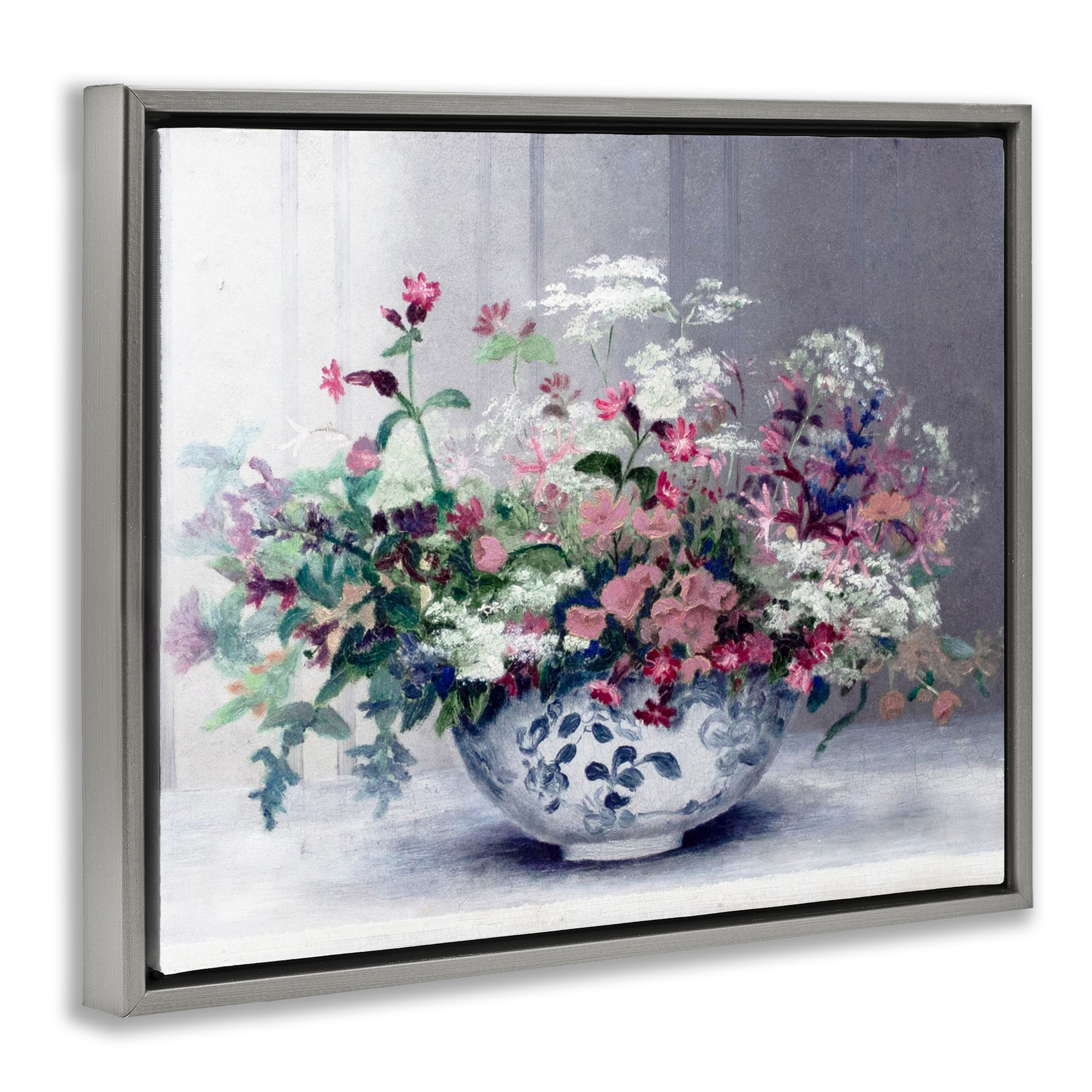 Painterly Elegant Blooms Vase Gray Framed Floater Canvas Wall Art, design by Lettered and Lined