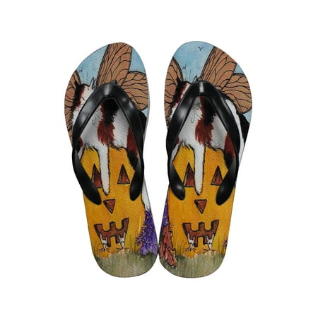 KuzmarK Flip Flop Thong Sandals Unisex - Calico Maine Coon Kitty Fairy with Jack O'Lantern and Mice Halloween Cat Art by Denise
