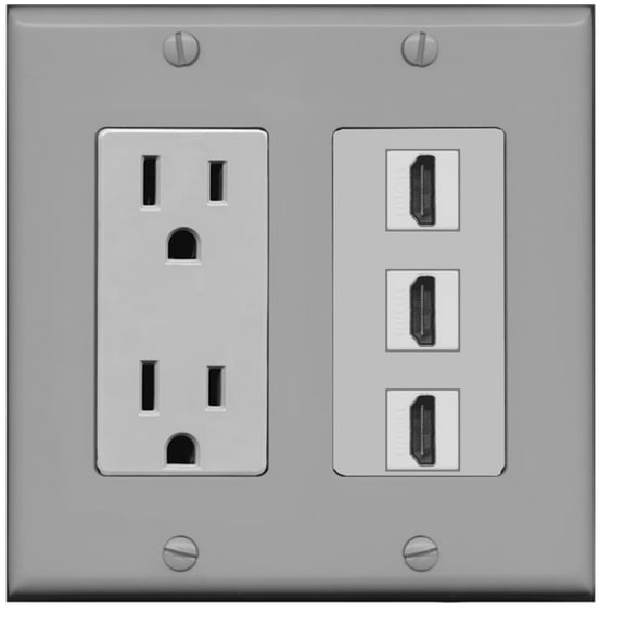 RiteAV - 15 Amp Power Outlet 3 Port HDMI Decorative Wall Plate - Gray
