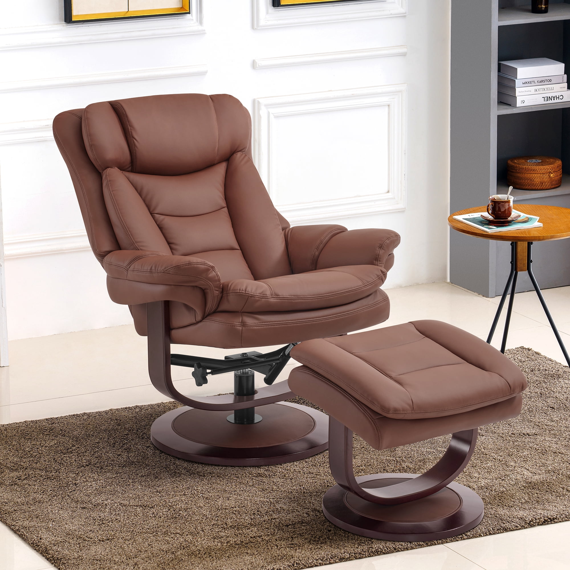 MCombo Swivel Recliner with Ottoman, Reclining Chair with Adjustable Back, Faux Leather Upholstered Lounge Chair for Living Room Bedroom Office 4651（Brown）