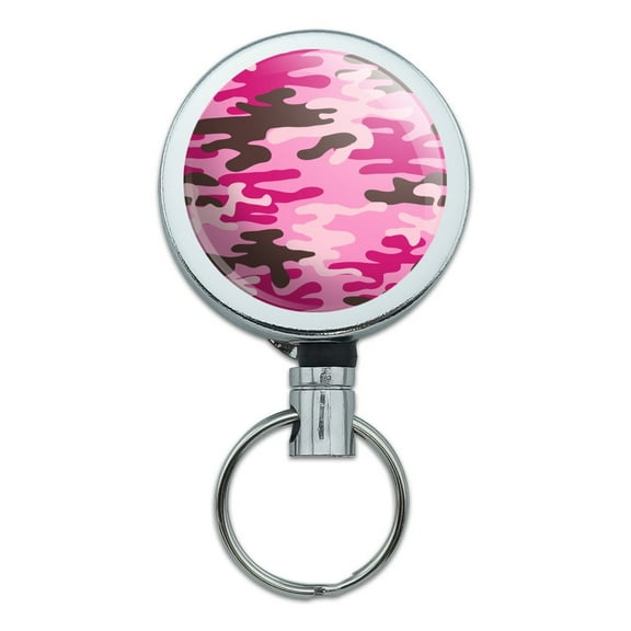 Pink Camouflage Heavy Duty Metal Retractable Reel ID Badge Key Card Tag Holder with Belt Clip