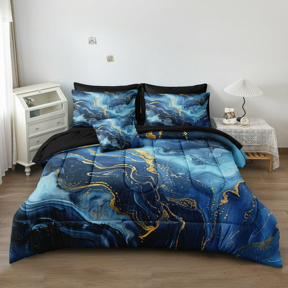 Blue Gold Marble Comforter Set Queen Size 8 Pcs Bed in a Bag Aesthetic Marble Comforter Set Blue Gold Metallic Bedding Set for All Seasons