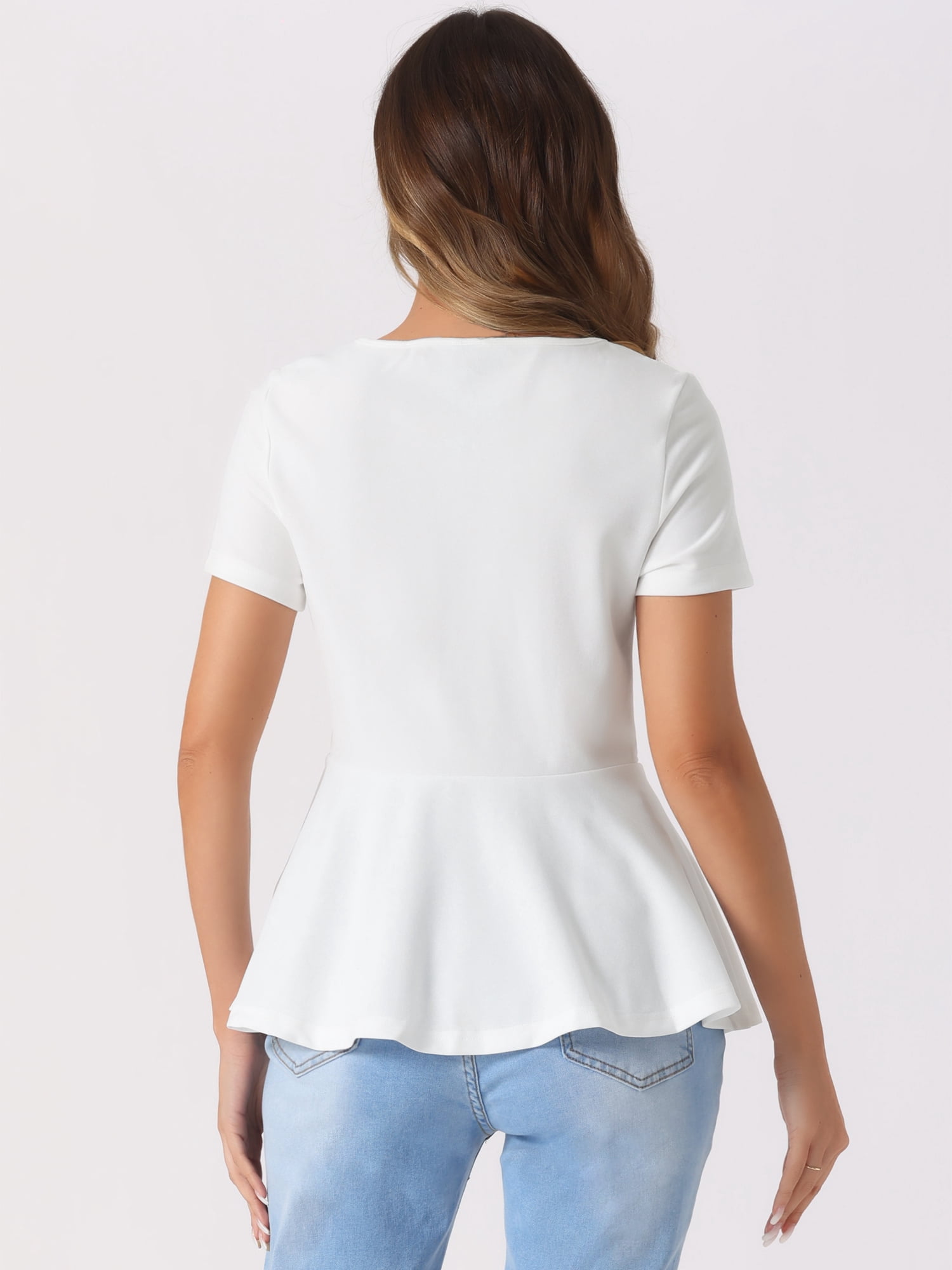 DARING DIVA Women's Peplum Tops Short Sleeve Crew Neck Blouse L White