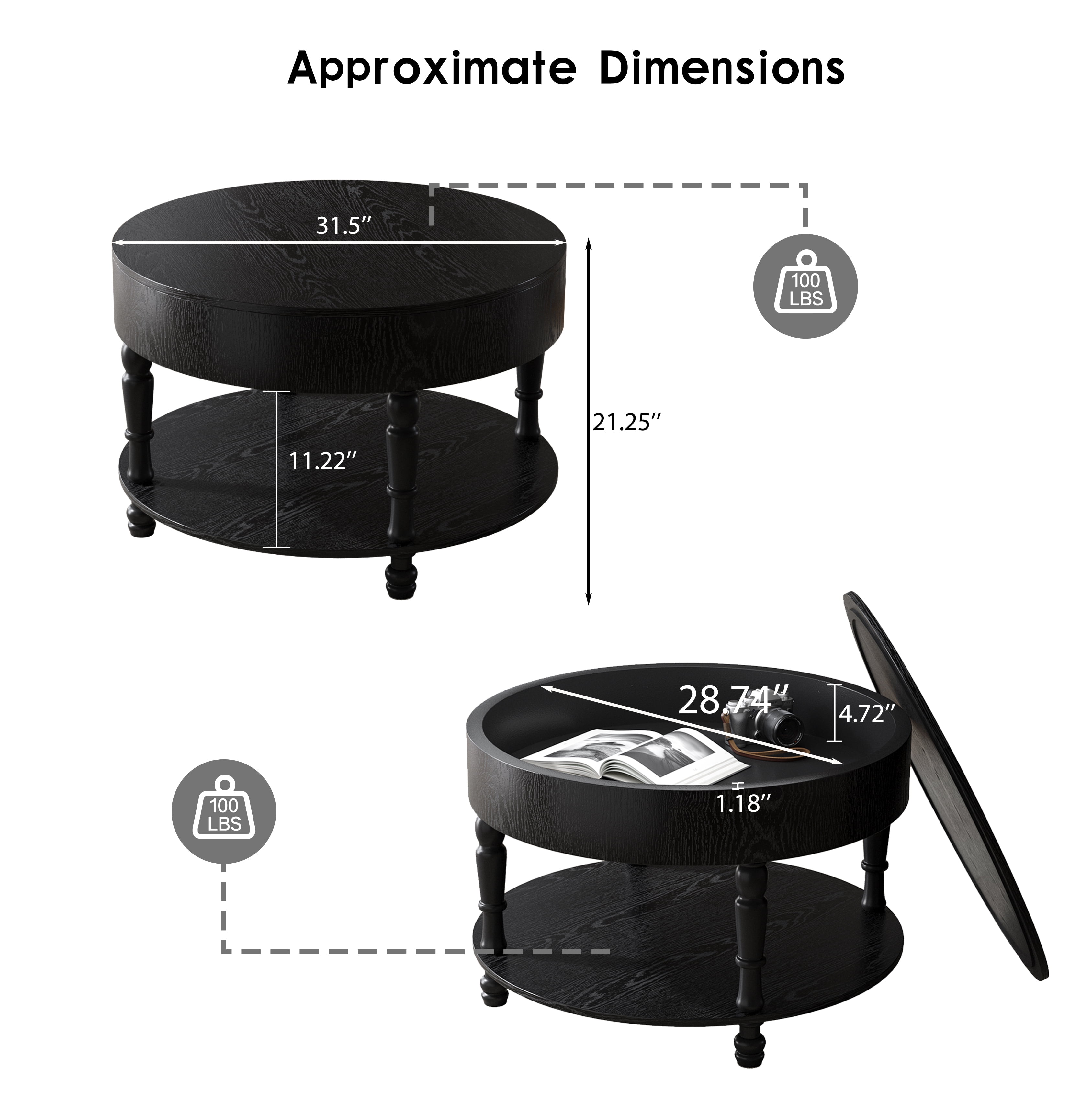 31.5" Round Coffee Table with Hidden Storage, Modern Wood Coffee Table with Flip-Top Compartment & Open Shelf, Dual-Tier Center Table for Living Room,Black