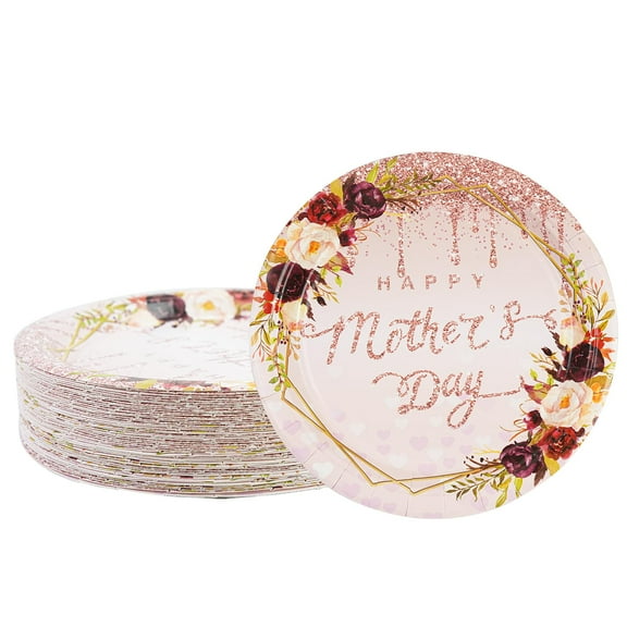 BOKFJBP 50pcs Mother's Day Party Plates- AFN17in Rose Round Disposable Paper Plates Dinner Dessert Tableware Decorations for Happy Best Mom Spring Party Mother's Birthday Home Brunch Dinner