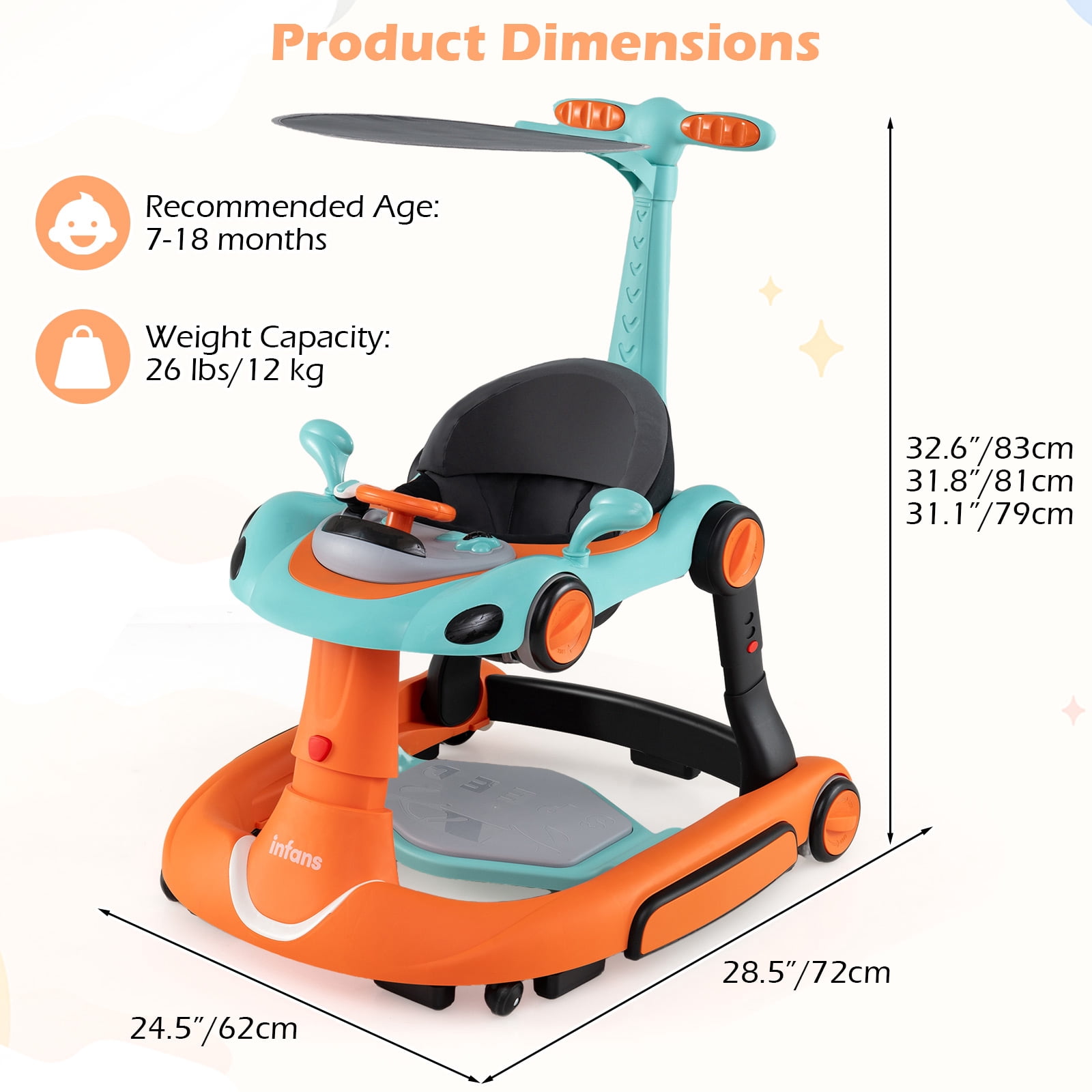 INFANS 6-in-1 Baby Walker, Converts Push Car to Bouncer, Rocker with Music, Lights, Adjustable Height & Speed, Activity Center, Canopy for 7-18 Months