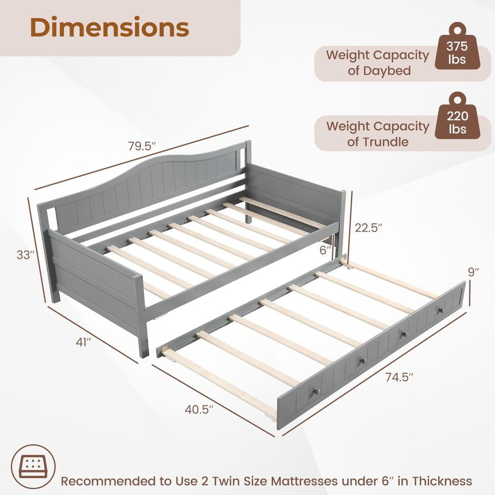 Barara King Twin Size Bedroom Trundle Bed Frame with Trundle and Slats Support on Wheels, Bed Platform Frame for Bedroom, Apartment, Gray