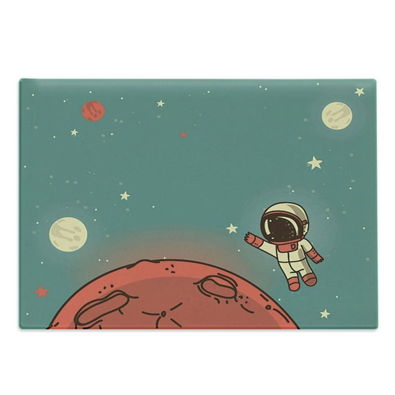 Space Cutting Board, Cosmic Background with Doodle Cosmonaut Floating Planetary Landscape, Decorative Tempered Glass Cutting and Serving Board, Large Size, Coral Turquoise Ivory, by Ambesonne