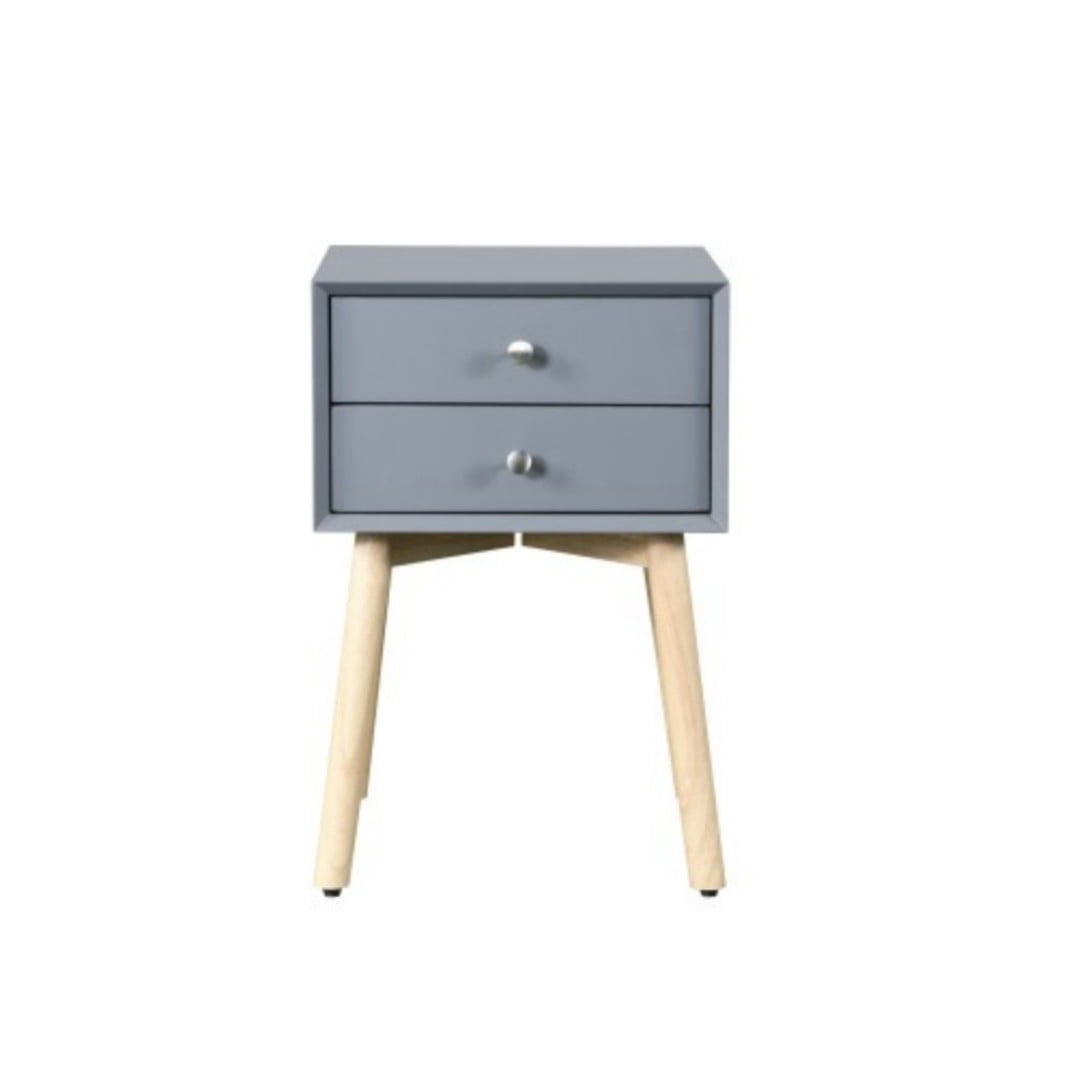 Side Table with 2 Drawers, Mid-Century Modern Nightstand with Rubber Wood Legs, Small Storage Cabinet for Bedroom Living Room, Gray