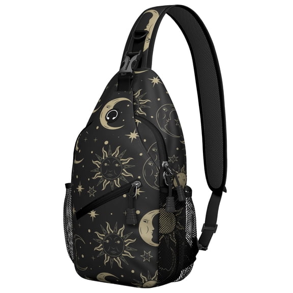 Celestial Starry Night Sling Backpack Gothic Sun Moon Astrology Spiritual Witchy Cosmic Artistic Pattern Aesthetic Crossbody Bag for Travel and Outdoors