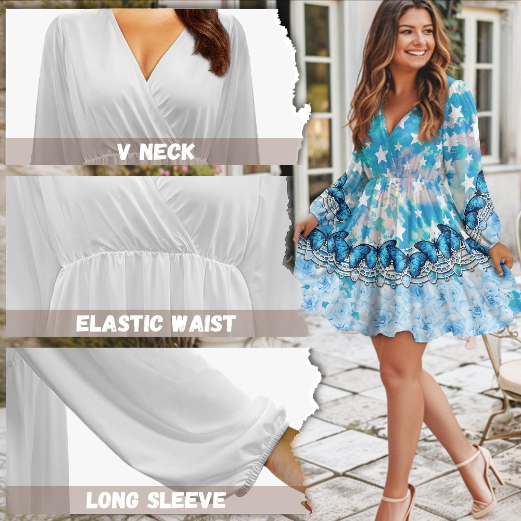 Yuyamidu Blue Butterfly Long Sleeve Dresses for Women Girls Flower A-Line Swing Flared Casual Party Dress Size XL Fashion V-Neck Midi Dress for Fall Winter