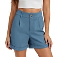 thumbnail image 4 of Binmer Women's Pleated High Waist Roll Cuff Dress Shorts with Pockets,Casual Loose Fit Work Shorts Blue,Women's Plus S, 4 of 8