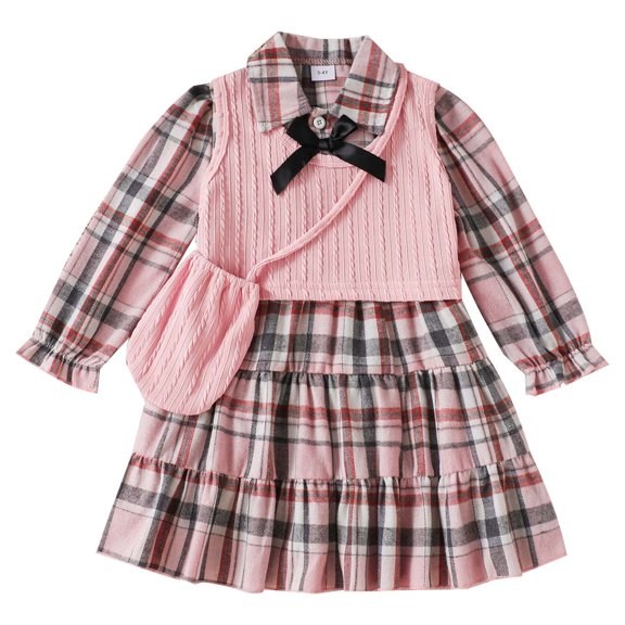 Kucnuzki 6T Little Girl Outfit Set 7T Kid Child Skirt Set Long Sleeves Plaid A-line Dress Bowknt Tie One-piece Dresses Knitted Tank Top with Bag 3pcs Sweet Clothing Pink
