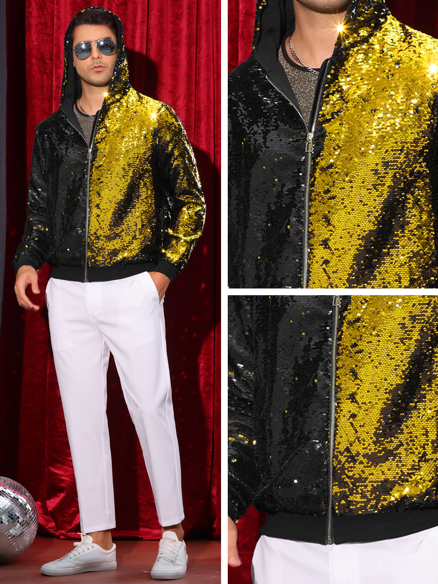 DARING DIVA Men's Sequins Long Sleeves Flip-Sequin Sparkle Metallic Hoodie Jackets S Black