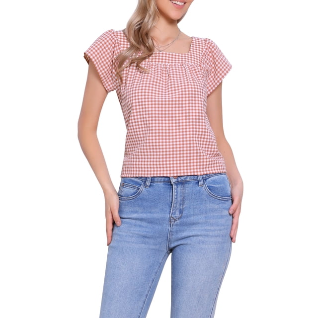INSPIRAR CHIC Blusa de Mujer de Verano con Cuello Cuadrado y Mangas Cortas de Gingham XL Color Marrón Cameo