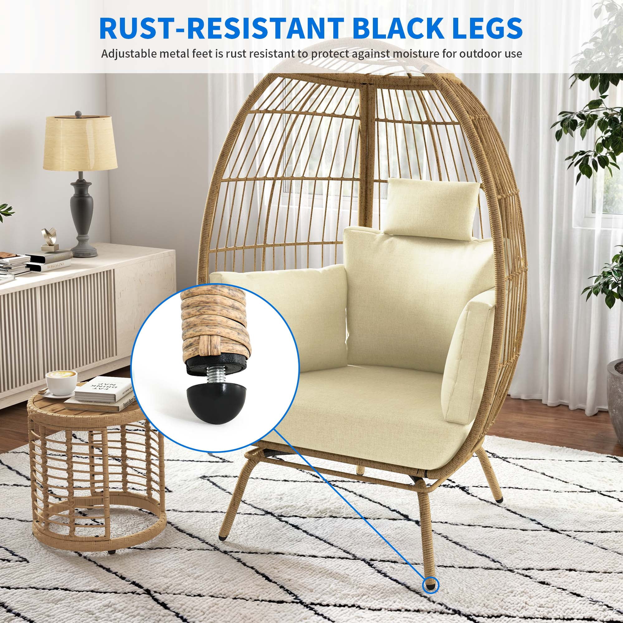 Uforic Outdoor Egg Chair with Cushion,Patio Wicker Basket Chair with Stand and Beige Cushion Cocoon Chair