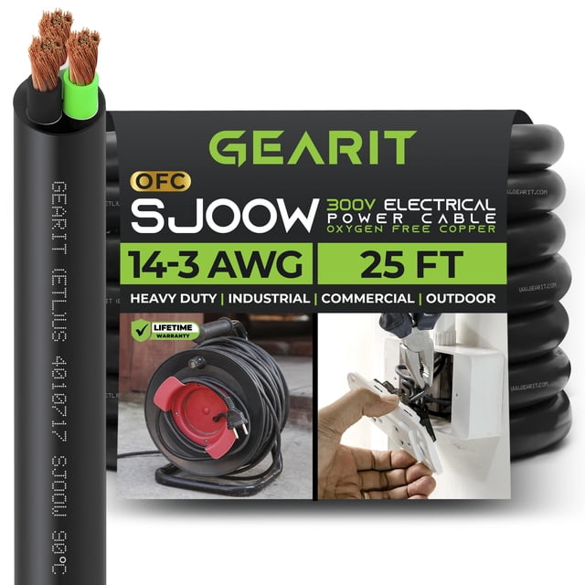 GearIT 14/3 14 AWG Cable de alimentación portátil (25 pies - 3 conductores) SJOOW 300V Cable eléctrico calibre 14 para cables de motor Luces portátiles Cargadores de batería Luces de escenario y maqui