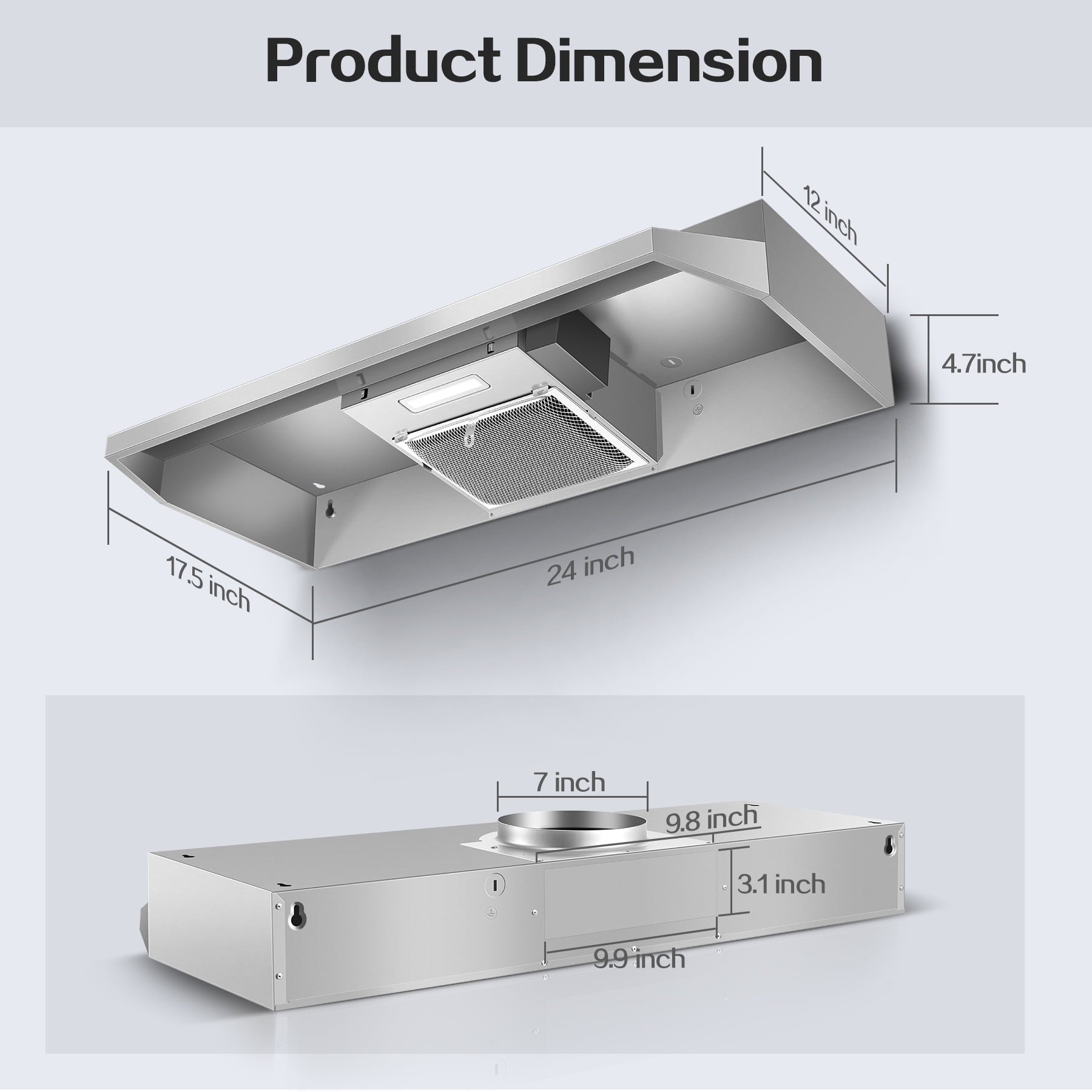 Joeaonz 24-Inch Ductless Under Cabinet Range Hood with LED Light, Stainless Steel, Rear Exhaust, 2-Speed, Dishwasher-Safe Filter