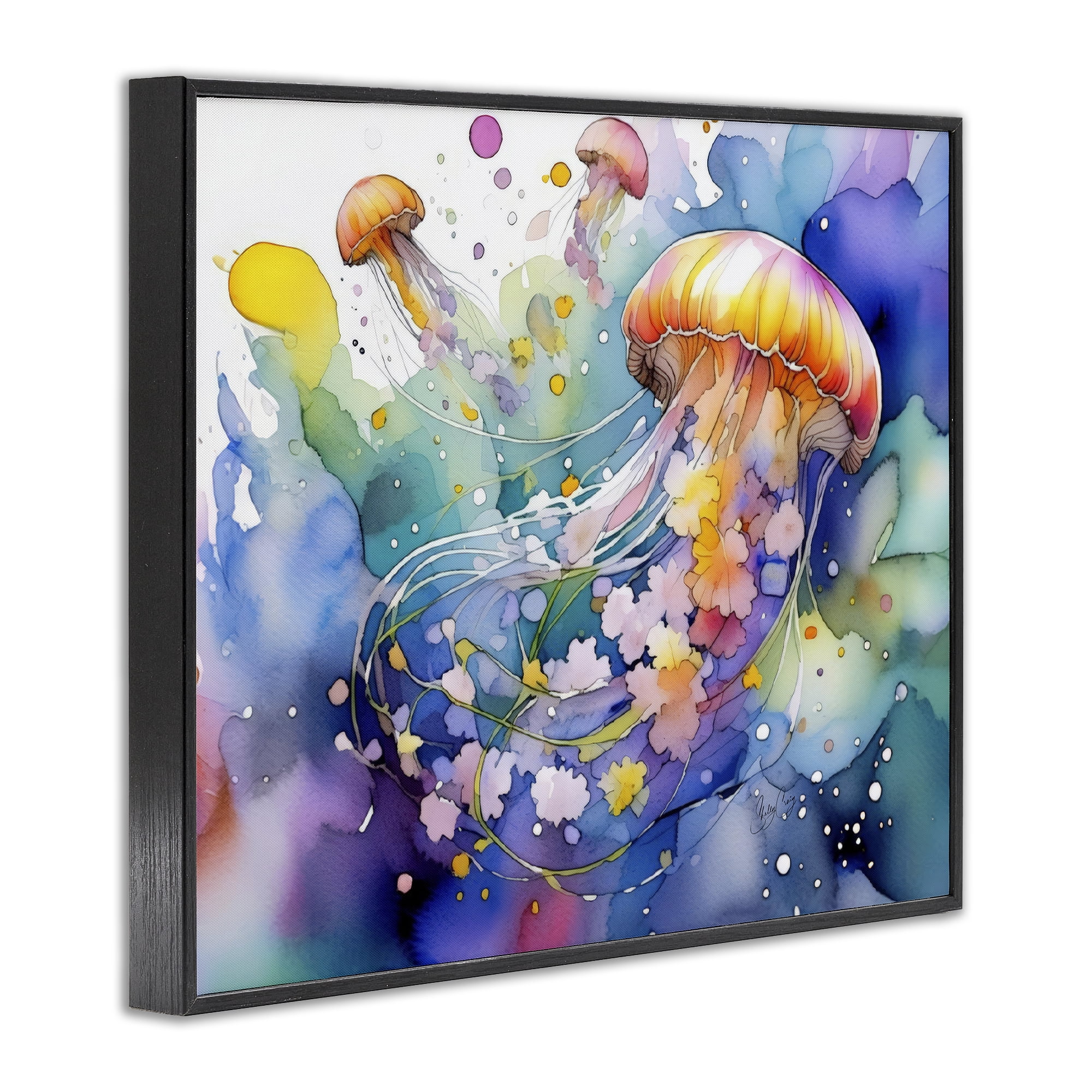 Stupell Industries Neon Jellyfish Underwater Black Framed Giclee Art, design by Shelly Craig