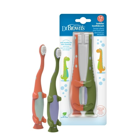 Dr. Brown's Baby & Toddler Training Toothbrush, Soft Bristles, Green/Orange Dino, 1-4 Years, 2 Pack