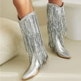 thumbnail image 5 of FRSASU women's thick-heeled western pointed booties tassels & sequins decorated fashionable boots mid heel mid top boots Silver, 5 of 7