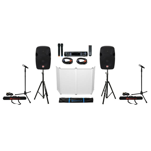 DJ Package w/ (2) 12" Speakers Bluetooth Amplifier Facade Mics Stands Cables Bag