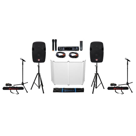 DJ Package w/ (2) 12 Speakers+Bluetooth Amplifier+Facade+Mics+Stands+Cables+Bag