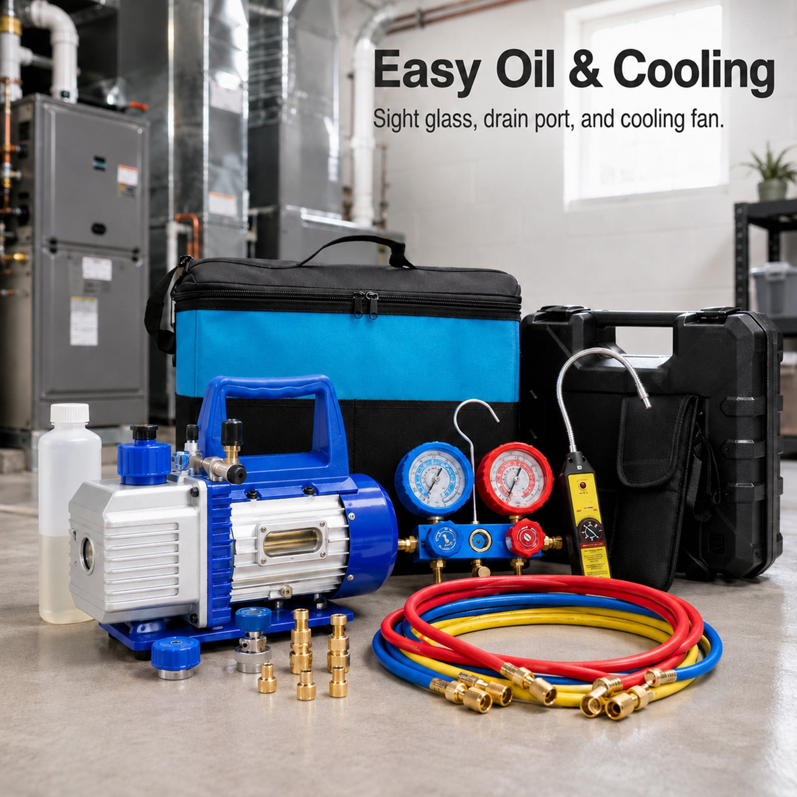 Alvantor 1/3HP 4CFM Vacuum Pump Kit with R13a R410A R22 R112 R410A Manifold Gauge Set, Leak Detector, R134a Quick Couplers, Can Tap & Carry Bag for AC Refrigeration Recharge