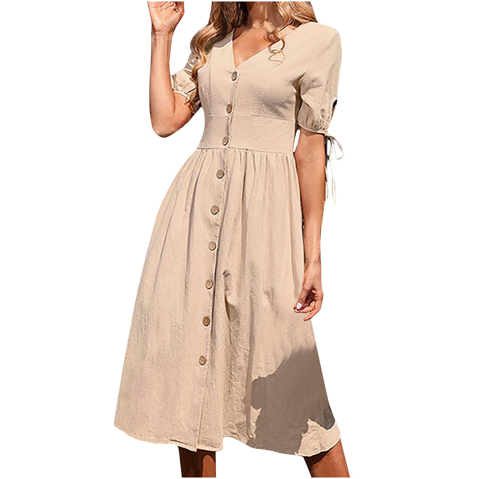 Kupretty Womens Vintage Cotton Linen A-line Dress Summer Casual