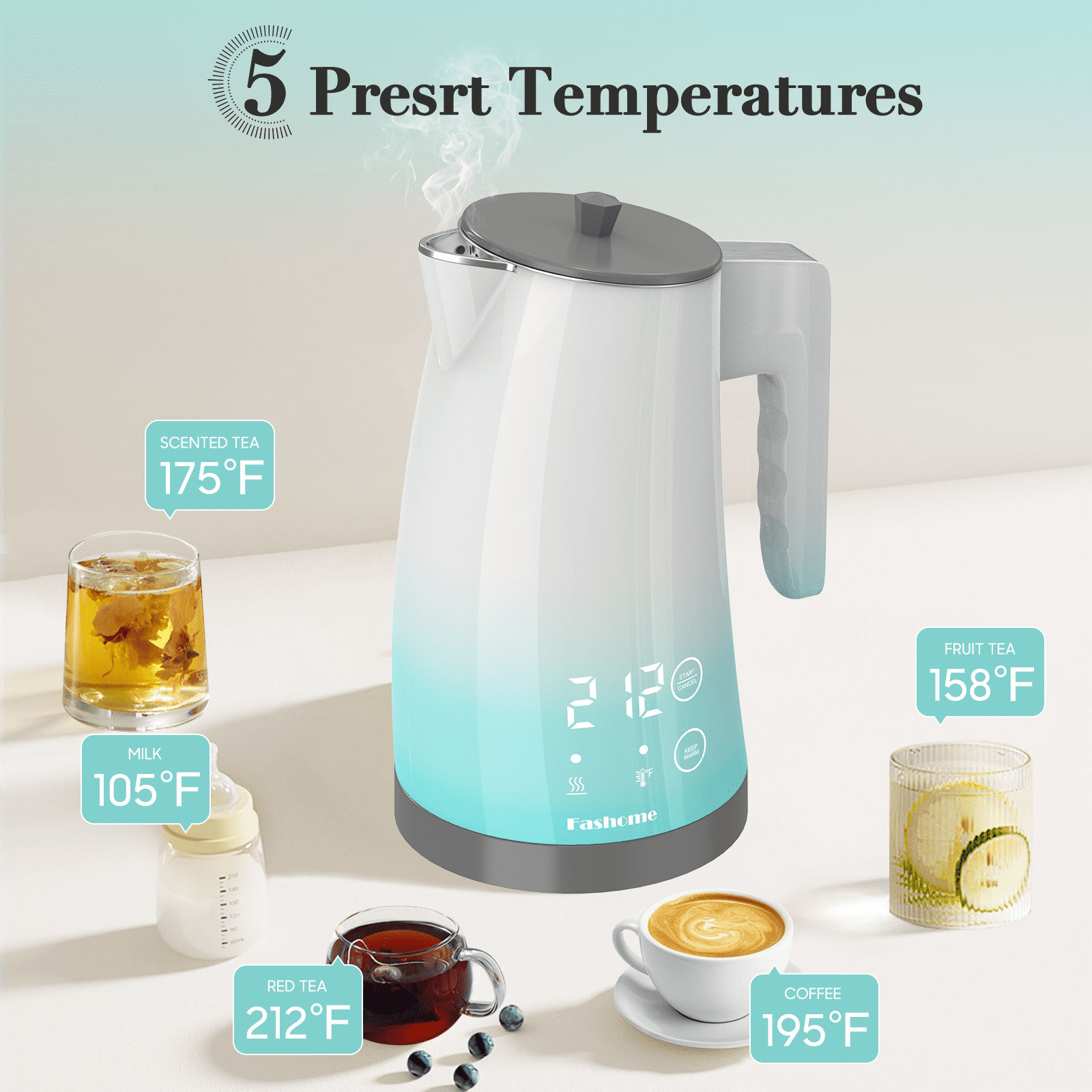 Electric Kettle Temperature Control, 304 Stainless Steel Interior, BPA-Free, Double Wall 1.25L Hot Water Boiler, 1200W Tea Kettle with Auto Shut-Off & Boil Dry Protection, Cordless Base（KCK02F）
