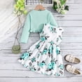 thumbnail image 4 of Girls 2 Piece Outfits Ruffle Long Sleeve Knit Shrug and All Over Floral Print Sleeveless Bow Swing Dress, Kids Spring Fall Casual Matching Layered Outfit(Mint Green,7-8 Years), 4 of 4