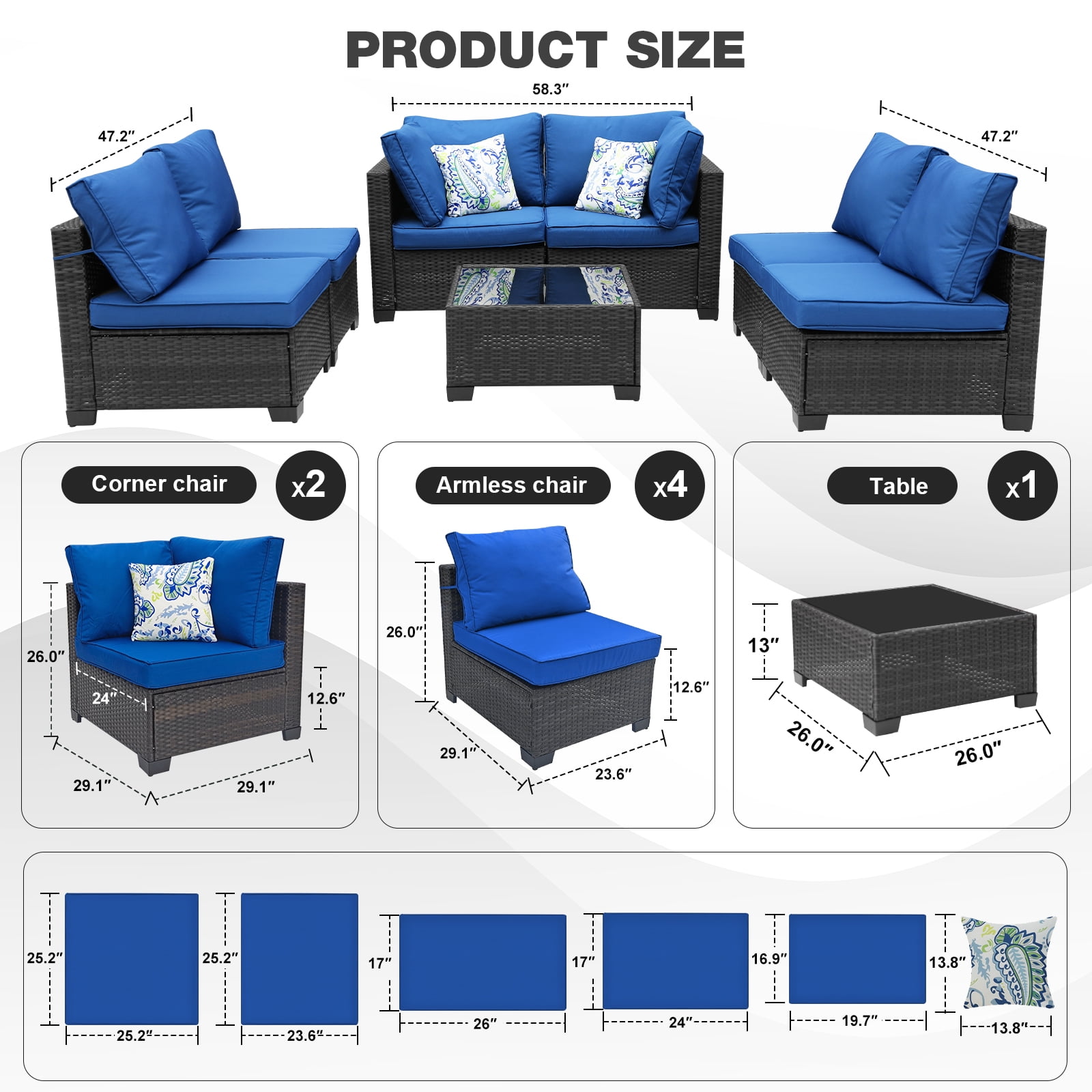 ZXRLHX 7 Piece Wicker Sectional Patio Furniture Set (Coffee/Blue) with Pillows, for Outdoor Deck