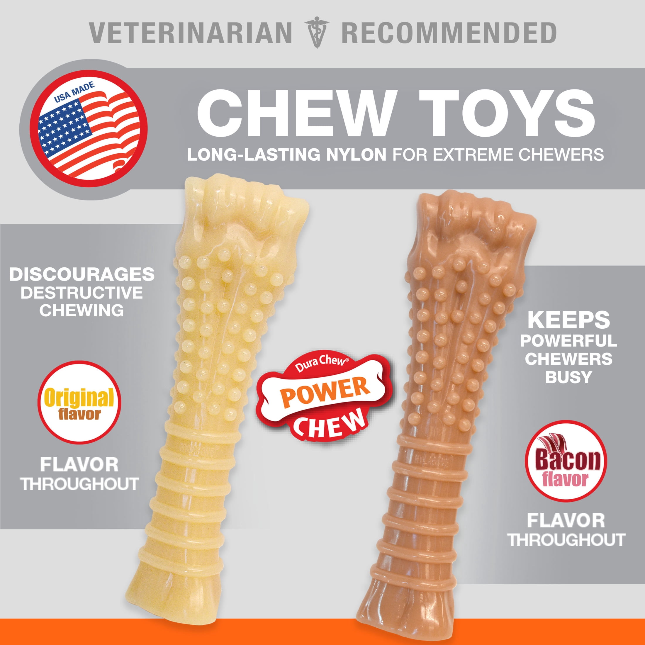 Nylabone Power Chew Textured Knuckle Bone Dog Toy, Dog Chew Toy, Original & Bacon Flavor, X-Large, 2 Pack