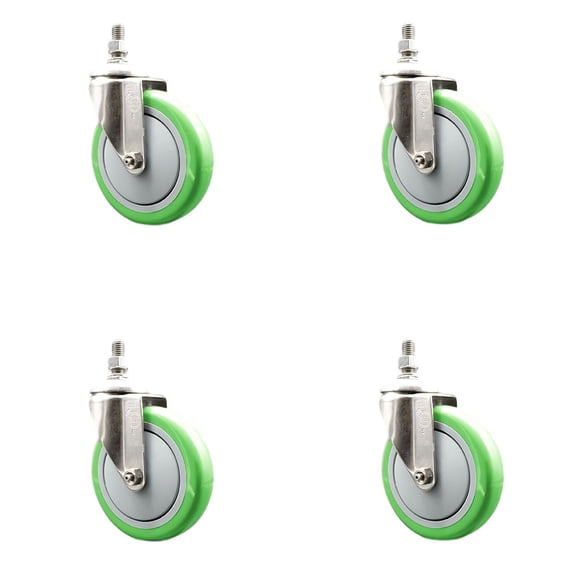 5 Inch 316SS Green Polyurethane Wheel Swivel 3/8 Inch Threaded Stem Caster Set