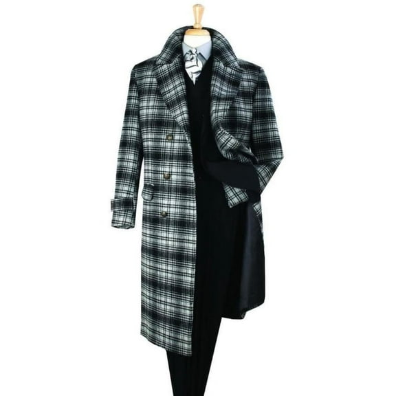 Men's Full Length Top Coat - Wide Fashion Lapel Black Windowpane