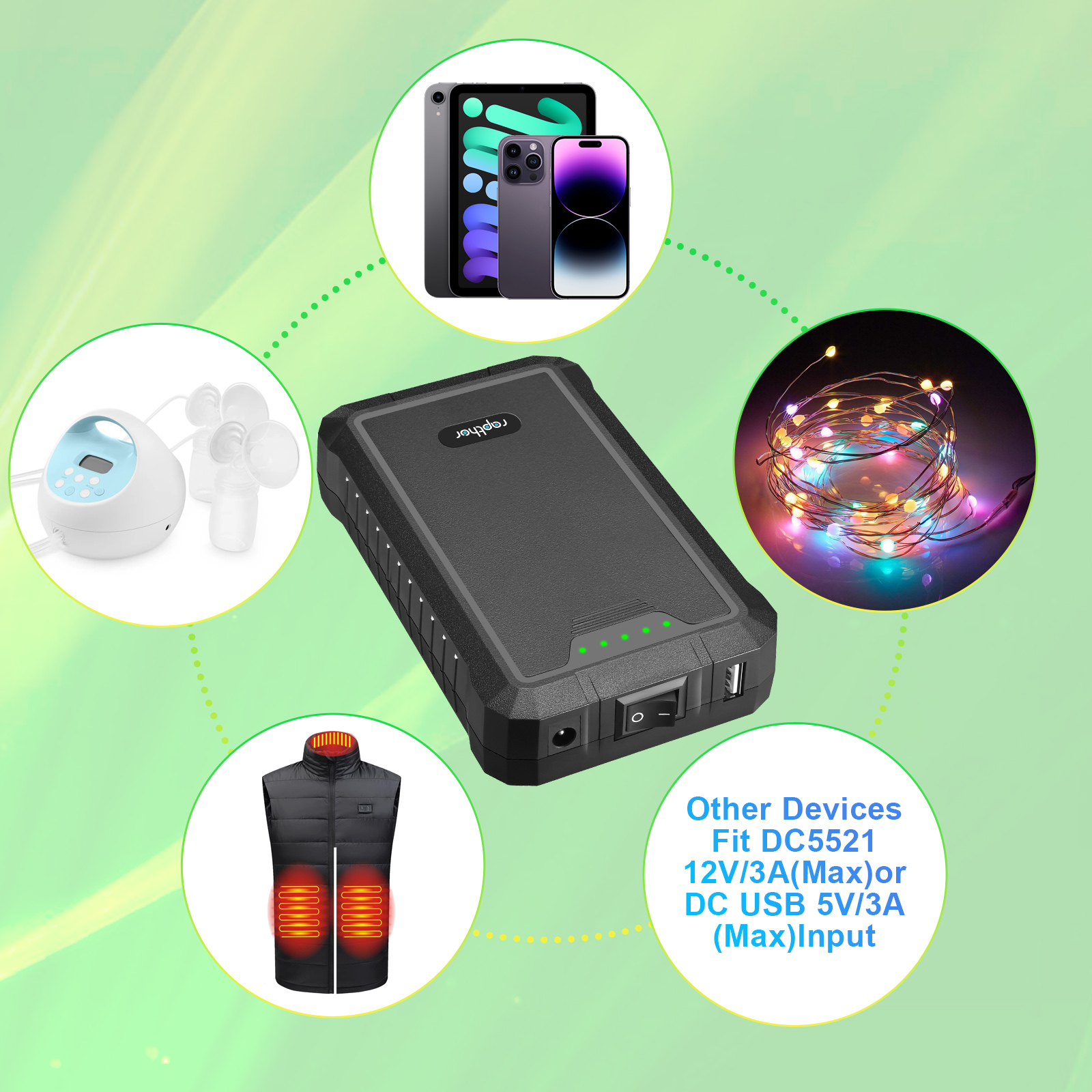Rapthor 12V/5V Dual Output Rechargeable Power Bank – 6500mAh 12V & 13000mAh 5V Lithium-Ion Battery with Fast Charger