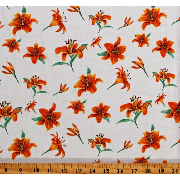 Cotton Tiger Lilies Flowers Floral White Cotton Fabric Print by the Yard (13397-09)
