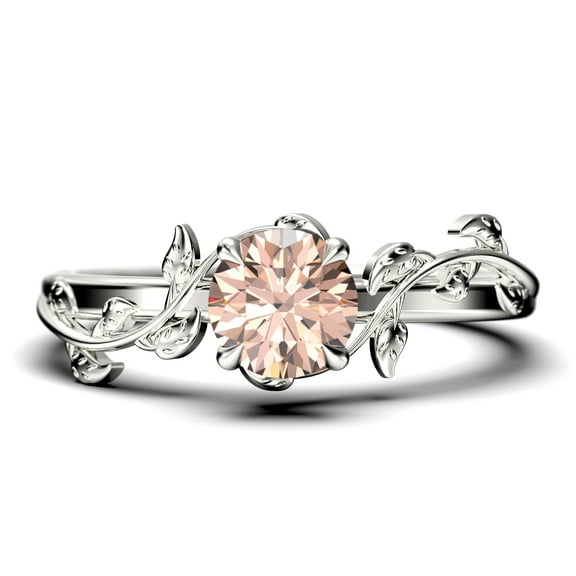 Vine Leaf Ring, Boho & hippie 1.00 Carat Round Cut Morganite And Diamond Moissanite Engagement Ring, Wedding Ring in 925 Sterling Silver With 18k White Gold Plating, Promise Ring, Anniversary Ring