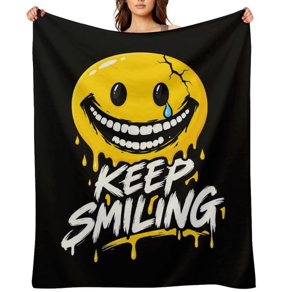 Verity Smiley Face Fleece Throw Blanket, Soft Cozy Flannel Blanket, Creepy Cute Weirdcore Graphic Blanket for Bed Sofa Travel Camping Home Decor
