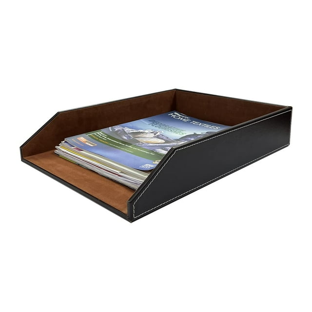 UnionBasic PU Leather Stackable Office File Document Tray Case Rack Desk File Document Organizer Holder (1-Layer, Brown)