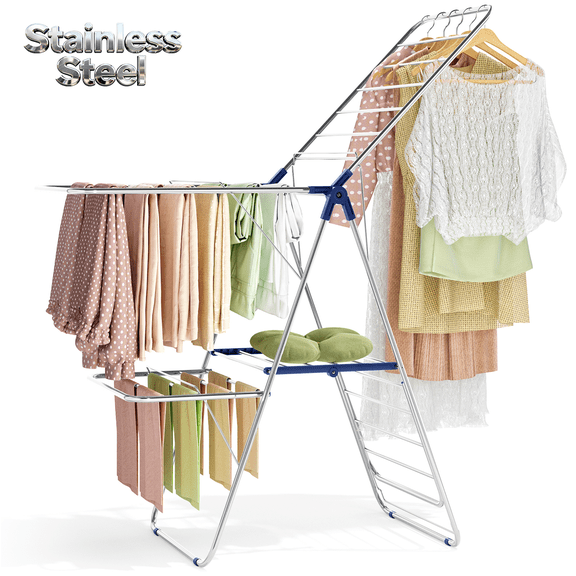 Clothes Drying Rack, KK KINGRACK Foldable 2-Tier Dry Rack with 4 Gullwings, Stainless Steel Clothes Rack, Indoor Outdoor, Large-Capacity