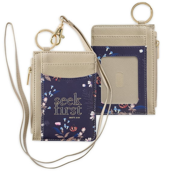 ID Card Holder Seek First Matthew 6:33 Bible Verse  Taupe Floral Faux Leather Zip ID Case, Scripture Keychain Slim Front Pocket Wallet for Women w/ Detachable Lanyard Neck Strap