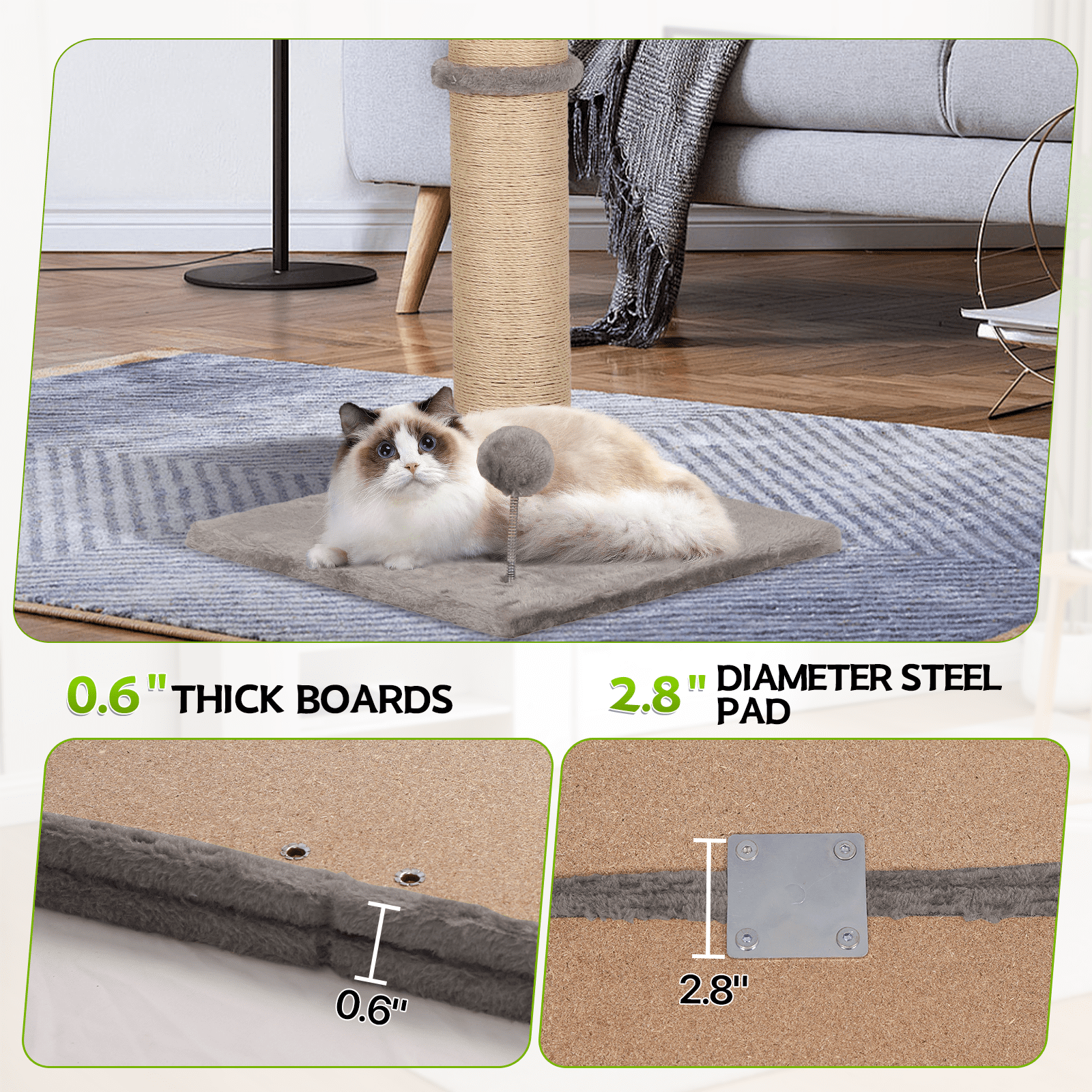 Dkelincs Cat Scratching Post with Sisal & Spring Ball Toy 22" Tall Cat Scratcher for Indoor Cats/Kittens Natural Sisal Scratch Post Trees for Living Room Bedroom, Light Gray