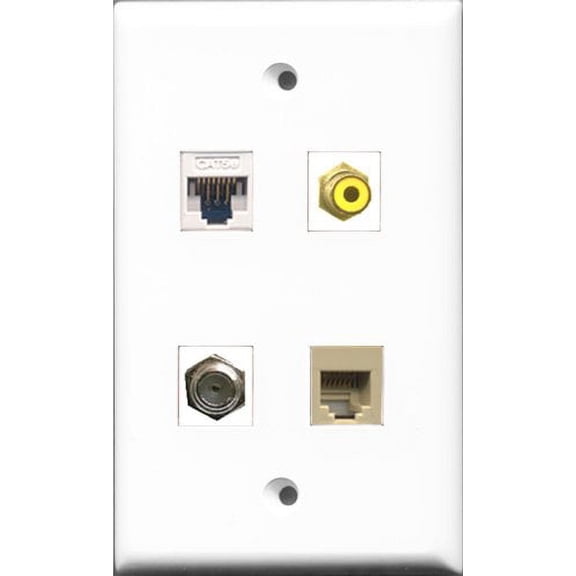 RiteAV 1 Port RCA Yellow and 1 Port Coax Cable TV- F-Type and 1 Port Phone RJ11 RJ12 Beige and 1 Port Cat5e Ethernet White Wall Plate