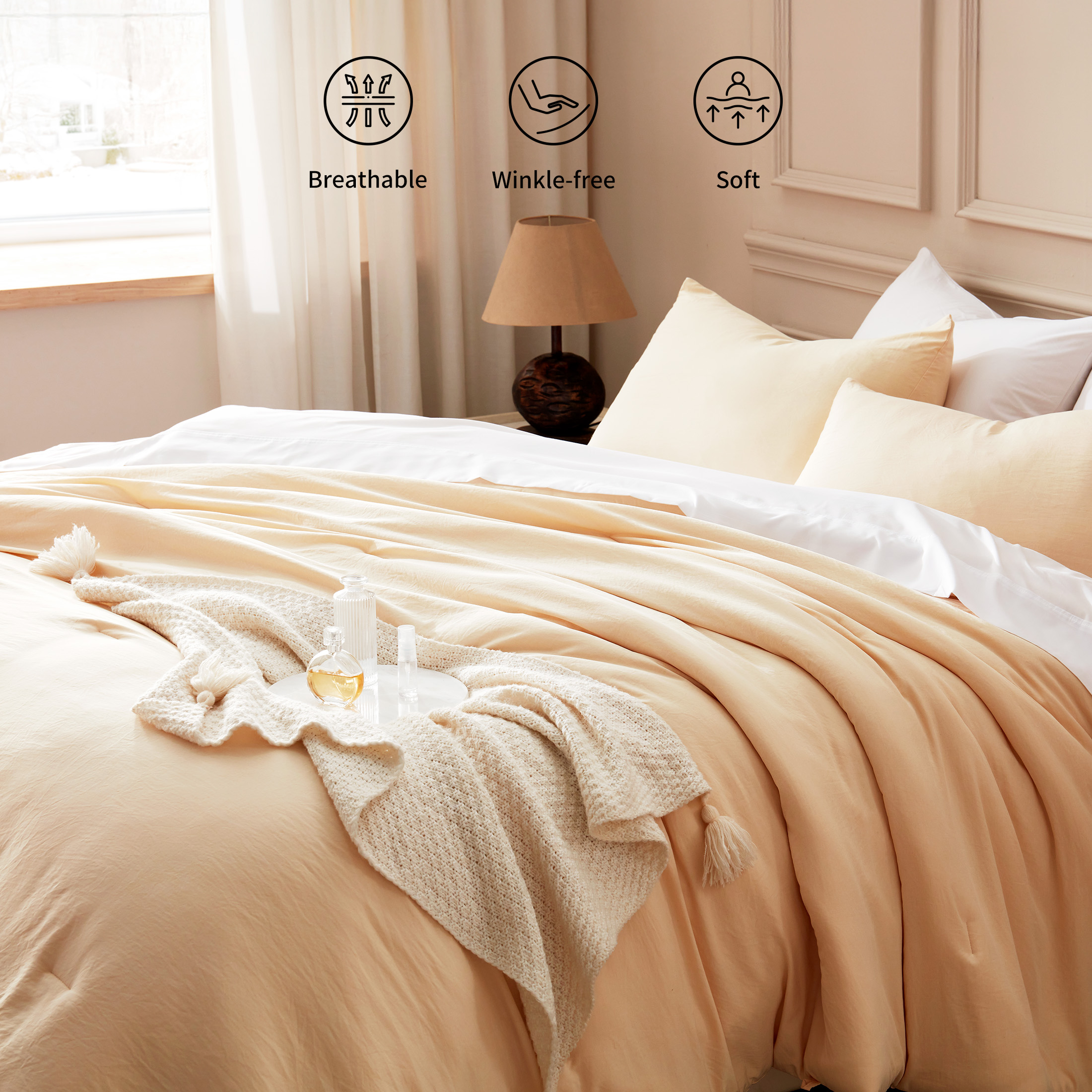Sonive Washed Comforter Set Full Size - 3 Pieces Soft Luxury Cationic Dyeing Bedding Sets, Linen-Like Texture Breathable Wrinkle Bed Sets, Beige