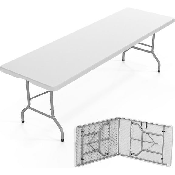 Bonnlo Folding Table 8ft, Portable Collapsible Plastic White Long Tables for Party, Camping, Banquet, Craft, Dining, Wedding, Outdoor and Indoor Use