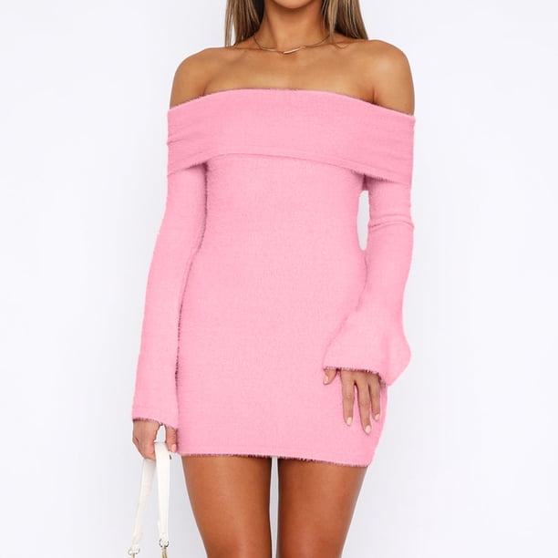 Vestido De Otoño Vestido de otoño para mujer, vestido ceñido al cuerpo con cuello oblicuo, traje de vacaciones de estilo Sexy ajustado Kuymtek Rosa S para Mujer