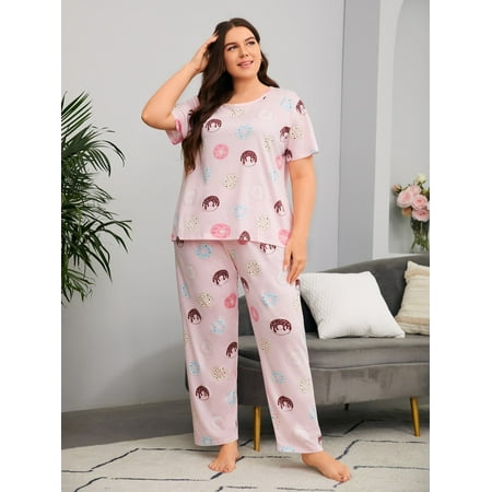 

Baby Pink Cute Women s Plus Donut Print Pajama Set 2XL(16) Y22001D